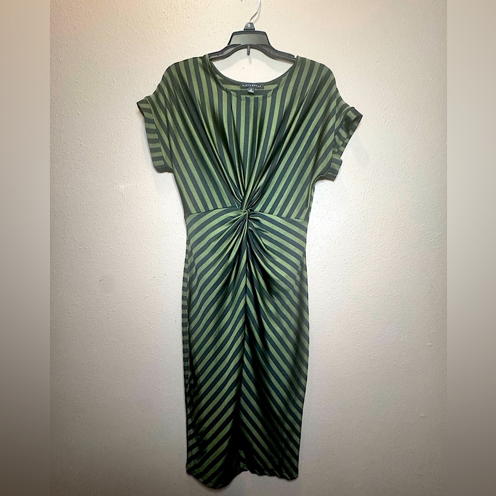 Haute Monde Olive and Black Striped Midi Dress